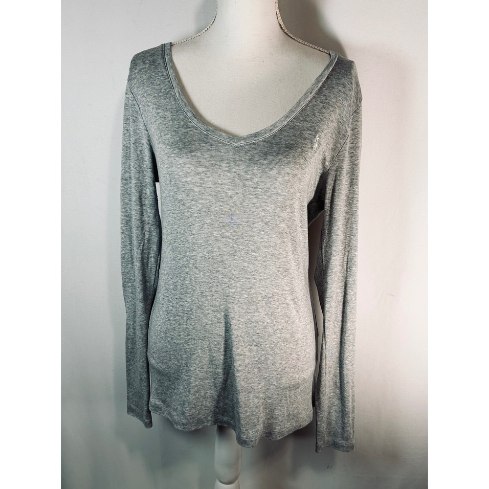 Polo Ralph Lauren Womens V-Neck Long Sleeve Tee Shirt Heather‎ Gray Pony Logo XL
